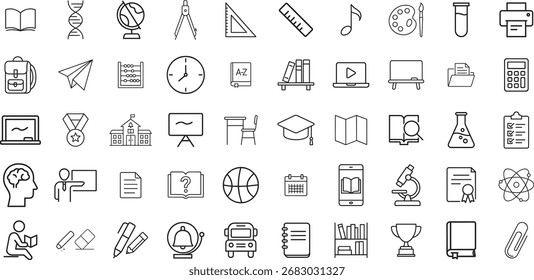 Conjunto de iconos educativos en estilo de línea en blanco y negro con símbolos de escuela y Ciencia