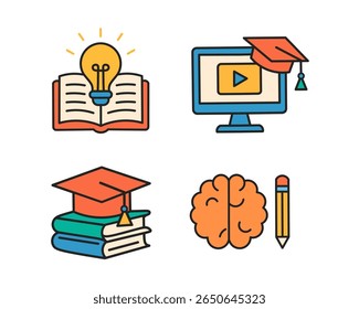 Conjunto de ícone educacional, consistindo de ícone de livro, lâmpada de ideia, computador com tampa de graduação, cérebro e lápis, adequado para aprendizagem digital, criatividade, inteligência, e-learning