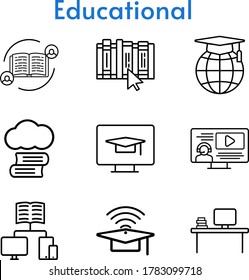 Bildungs-Icon-Set. beinhaltet Feedback, Cloud-Bibliothek, Mütze, Desktop, Lehrer, Schule, Buch, Schüler, Schulen Symbole. lineare Stile.