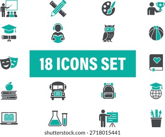 Conjunto de iconos educativos. Incluyendo enseñanza, graduación, arte, deportes, educación, aprendizaje, universidad, 
Enseñanza y más. Conjunto de iconos sólidos de Vector