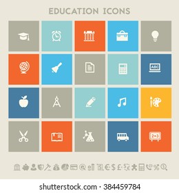 Educational icon set. Multicolored square flat buttons