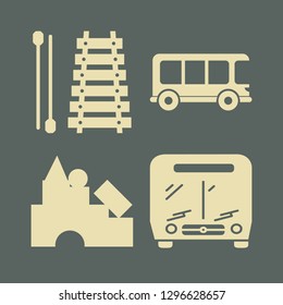 educational icon set with school bus, constructor and xylophone vector illustration