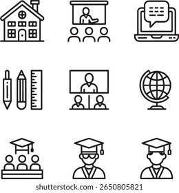 Educational Icons Depicting Learning Environments, Tools, and Graduation Concepts in a Black and White Line Art Style