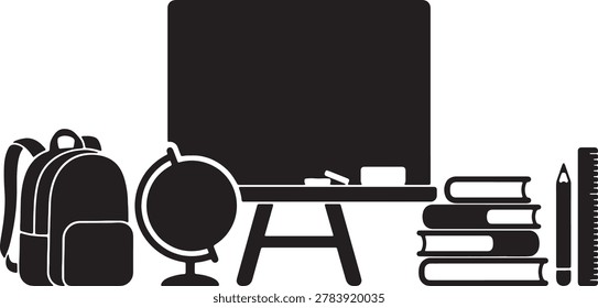 Educational icons featuring classroom essentials: backpack, globe, blackboard, books, and desk. learning symbols.