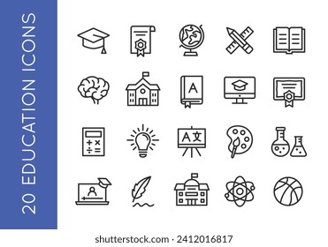 Educational icons set. 20 Education icons. Graduation cap, brain, school, books, globe, pen, pencil, online education, mathematics for web, mobile. Vector illustration