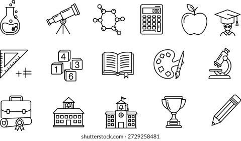 Conjunto de iconos educativos con útiles escolares y conceptos Vector