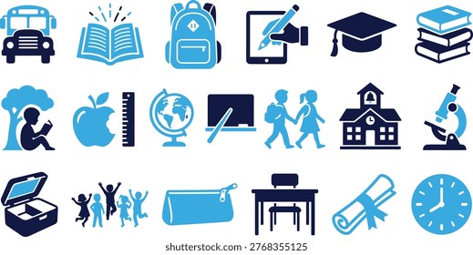 Educational icons, students, books, school bus, globe, teacher, for learning and study themes.