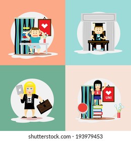 educational icons; students in different situations