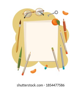 Educational illustration. Blank sheet of paper, glasses, drawing brush, key, tangerine and writing utensils