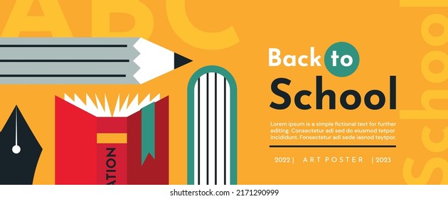 Educational illustration with  books, pencil and fountain pen. Vector school background banner or advertising.