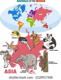 Educational illustration with cartoon Asian animals and world map with continents