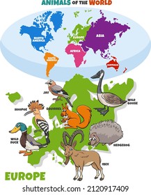 Educational illustration with cartoon European animals and world map with continents