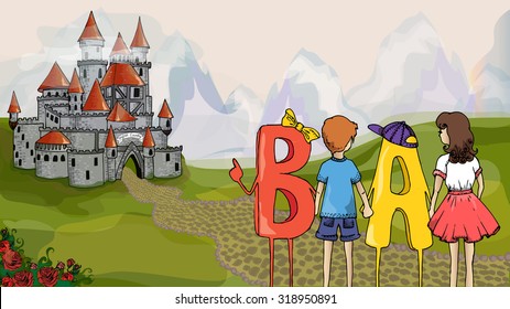 Educational illustration. Children and ABC. Children with letters go to the castle to get knowledge.