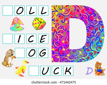 Educational illustration for children with D for study English. Need to write the letters in the empty squares. Developing skills for writing and reading. Vector image.