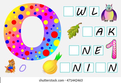 Educational illustration for children with O for study English. Need to write the letters in the empty squares. Developing skills for writing and reading. Vector image.