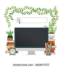 Educational illustration. Computer, stacks of books, alarm clock, flowers in pots, writing utensils and searching field