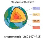 Educational illustration of Earth internal structure, labeling the crust, mantle, outer core, and inner core with their respective thicknesses hand drawn schematic vector illustration. 