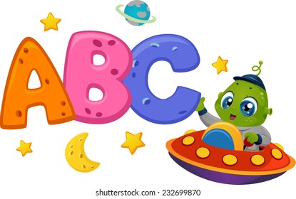 Educational Illustration Featuring an Alien in a Spaceship Reaching Out to Letters of the Alphabet