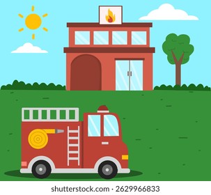 Educational illustration of a fire truck in front of a fire station. Great for teaching about emergency vehicles and community helpers in preschool and kindergarten.
