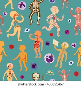 Educational illustration of human anatomy, systems of organs for kids, school, education. Vector cartoon seamless pattern