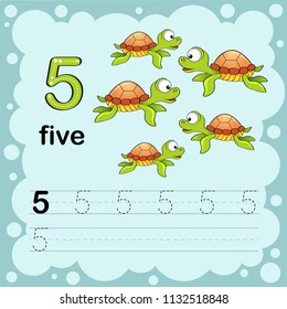 Educational illustration to learn how to count and write a number five.  Worksheet for kindergarten and preschool. Turtle