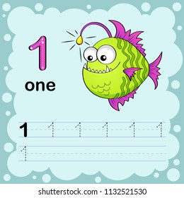 Educational illustration to learn how to count and write a number one.  Worksheet for kindergarten and preschool. Monkfish