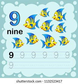 Educational illustration to learn how to count and write a number nine.  Worksheet for kindergarten and preschool. Fish