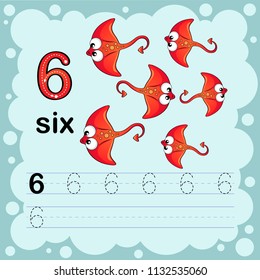 Educational illustration to learn how to count and write a number six.  Worksheet for kindergarten and preschool. Ray fish