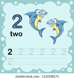 
Educational illustration to learn how to count and write a number two.  Worksheet for kindergarten and preschool. Shark