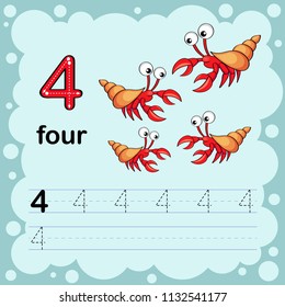 Educational illustration to learn how to count and write a number four.  Worksheet for kindergarten and preschool. Shrimp
