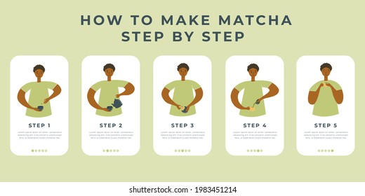 Educational Illustration with Matcha. Hand drawn instructions o how to make matcha. Cool social media post with matcha and girl