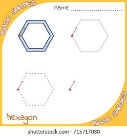 Educational illustration for preschool and kindergarten kids. You can draw shape on different types of lines and color them.  Basic shape hexagon
