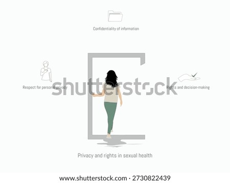 Educational illustration series focused on sexual health, consent, prevention, privacy and personal Woman entering a doorway symbolizing privacy, autonomy and confidential sexual health choice