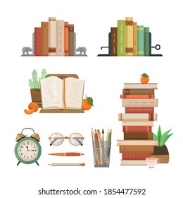 Educational illustration. Set of books, alarm clock, glasses and writing utensils