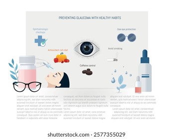 Educational illustration showcasing key habits to prevent glaucoma, such as ophthalmologic check-ups, an antioxidant-rich diet, caffeine control, and the use of eye protection...