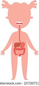 Educational illustration of a smiling girl showing digestive system and internal organs, suitable for health, medical and educational publications