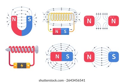 Educational illustrations depicting magnetism and electromagnetism with magnetic fields, poles, and coils for science learning.