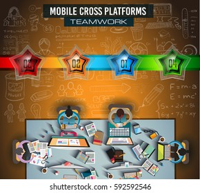 Plantilla de folleto informativo educativo con bocetos dibujados a mano y muchos elementos de diseño infográfico y maquetas. Ideas de trabajo en equipo, sesiones de creación de marca y presentaciones genéricas de planes de negocios.