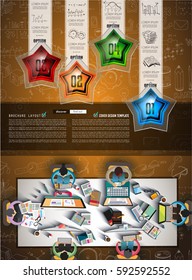 Educational Infograph Brochure template with hand drawn sketches and a lot of infographic design elements and mockups. Teamwork ideas, branstorming sessions and generic business plan presentationsl.