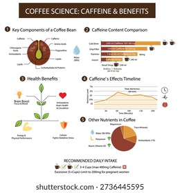 Educational infographic about coffee science, featuring the anatomy of a coffee bean, caffeine content comparison between different brewing methods, health benefits, caffeine alertness timeline, and recommended daily intake. Perfect for health, wellness, and culinary content.