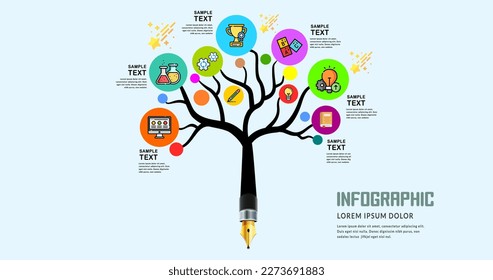 Educational Infographic Design. with pen growth to big tree and many branchs, Vector illustration Can be used for layout, workflow, banner, diagram, number options, step-up options, web design