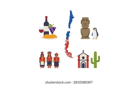 Educational infographic icons of Chile showcasing wine, a map silhouette, Easter Island statue, indigenous figures, and a desert church.