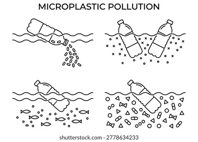 Educational infographic illustrating the devastating effects of microplastic pollution in oceans with broken plastic bottles releasing tiny particles affecting marine life and aquatic ecosystems