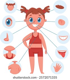 Educational infographic illustration with smiling cartoon girl character pointing different body parts for children learning, preschool, anatomy and biology studying