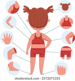 Educational infographic showing body parts of a preschool age girl from the back, with zoomed details of head, shoulders, arms, elbows, hands, knees, legs, feet, back and belly