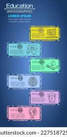 Educational Infographic six options with color signs on dark blue background, Vector illustration can be used for layout, workflow, banner, diagram, number options, step-up options, web design.