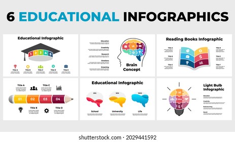 Educational infographics. Presentation slide template. Human puzzle head and brain. Brainstorming, creative thinking concept. Graduation cap. Reading book. Generating idea light bulb layout. 