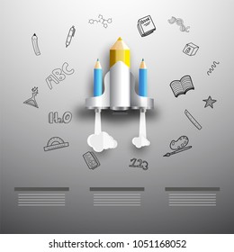 Educational infographics, rockets made by pencils on grey doodle background.