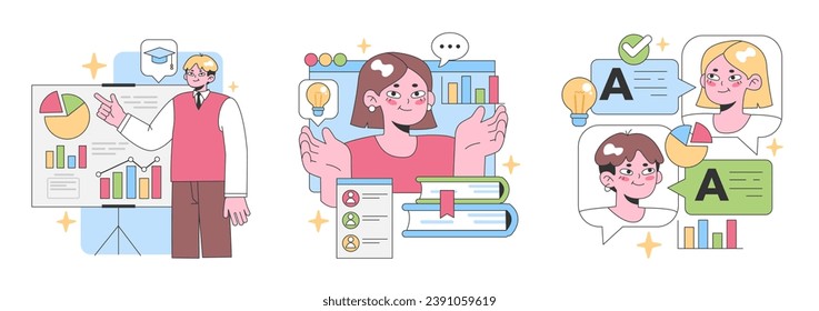 Educational insights set. Professionals exploring data trends, students grasping concepts, and celebrating achievements. Knowledge sharing, progress tracking. Flat vector illustration