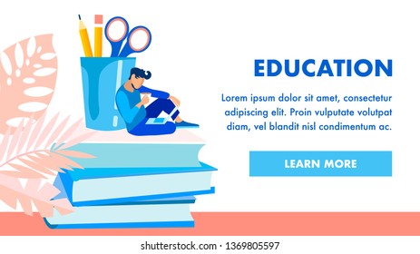 Educational Institution Homepage Vector Template. Student with Laptop and Coffee Cartoon Character. Remote School, E learning Flat Illustration. Internet University Landing Page Concept with Copyspace